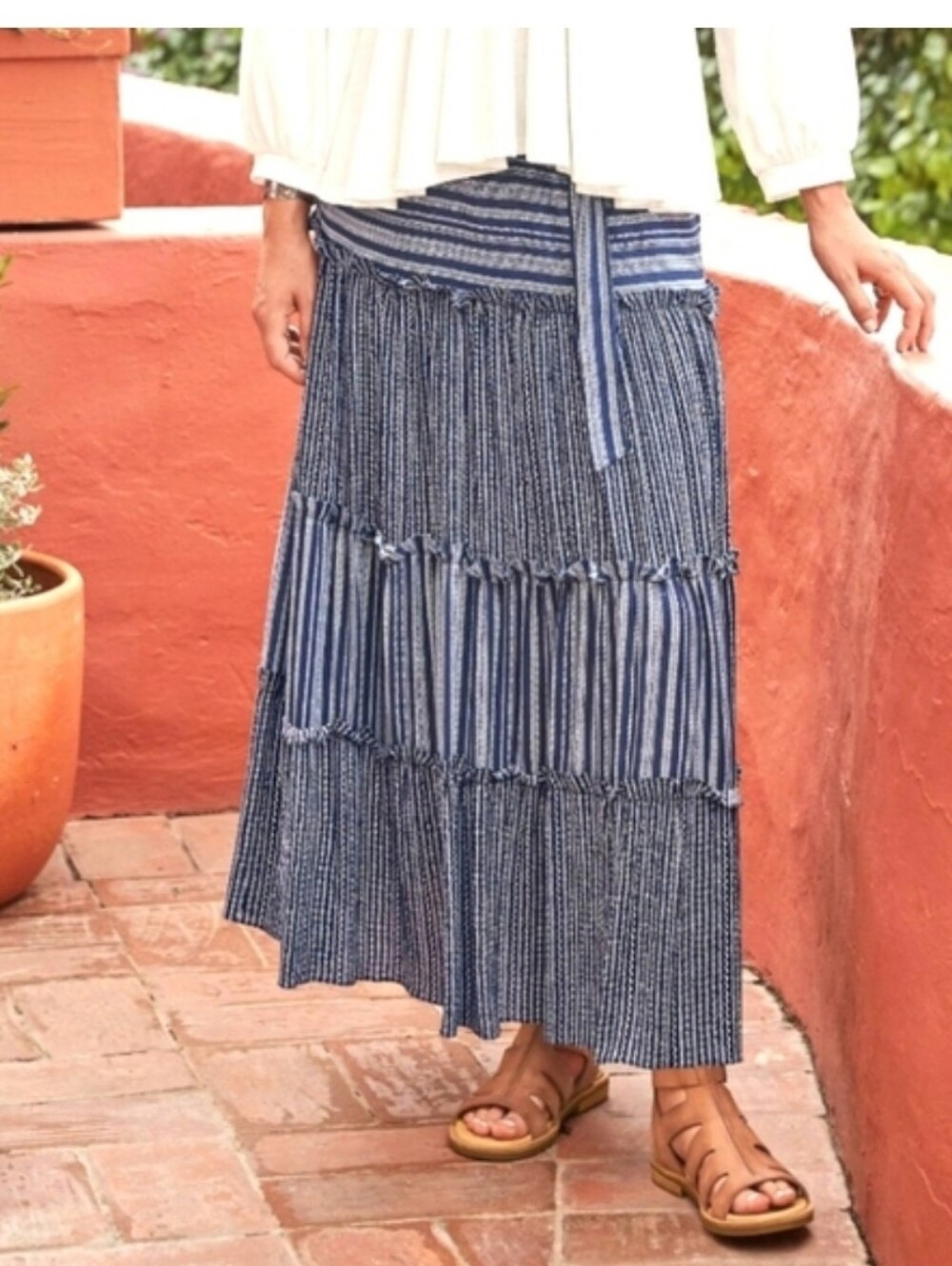 Sundance Blue Striped Tiered Maxi Skirt